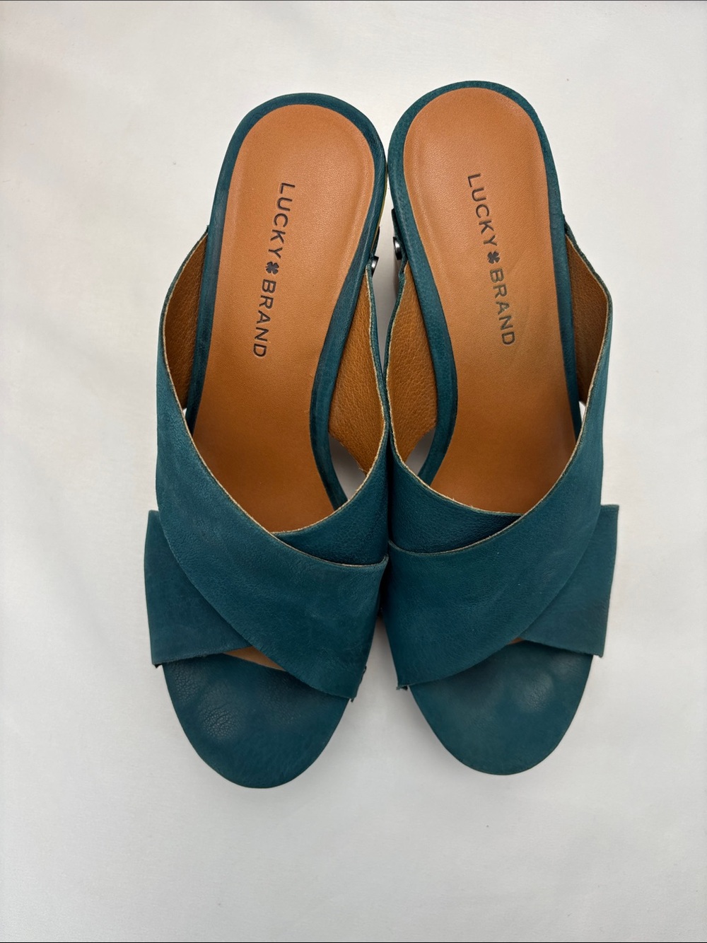 Lucky Brand Women’s 6 Teal Crisscross Leather Platform Mules #355 - Picture 10 of 12